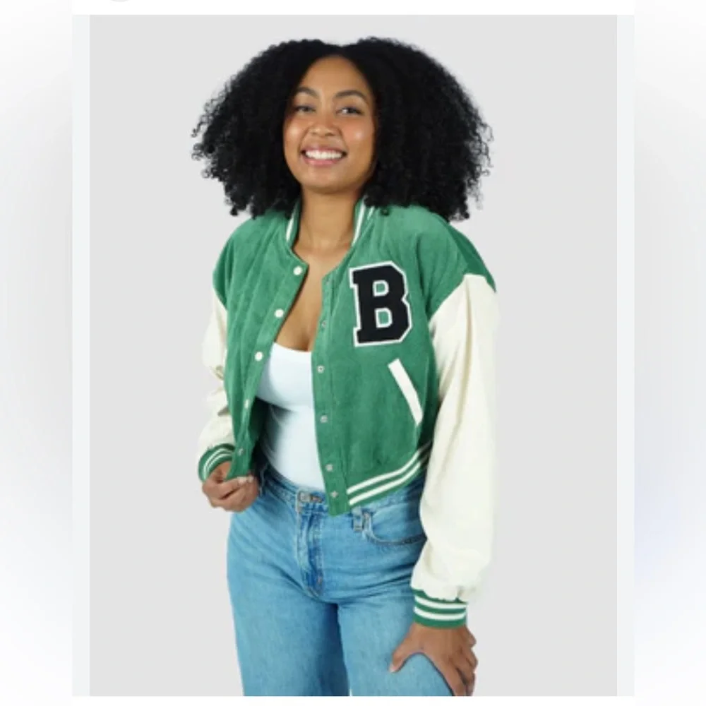 Love Tree Forest Green and Cream Varsity Jacket - Picture 4 of 10